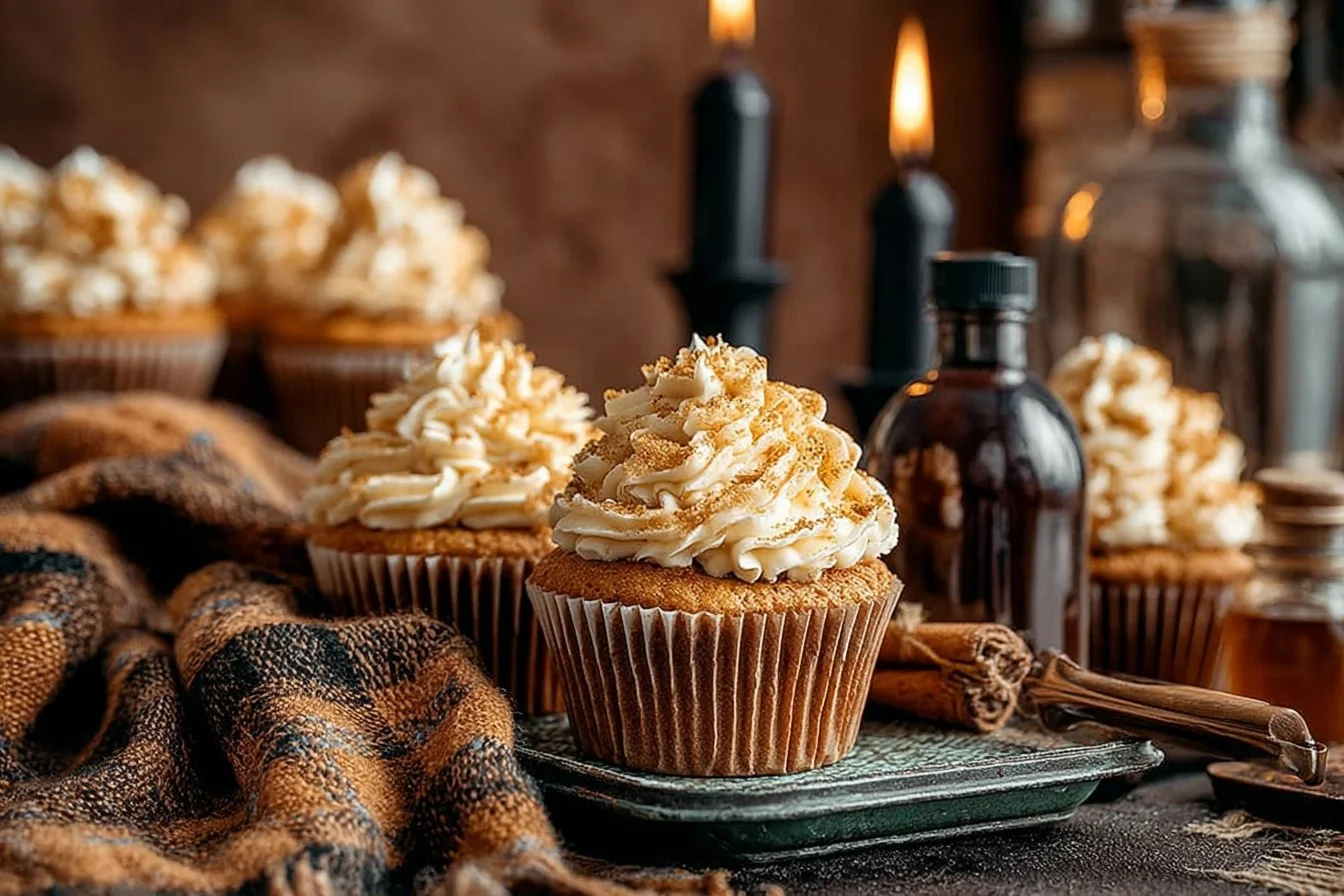 Delicious Harry Potter Butterbeer Cupcakes topped with creamy butterscotch frosting.