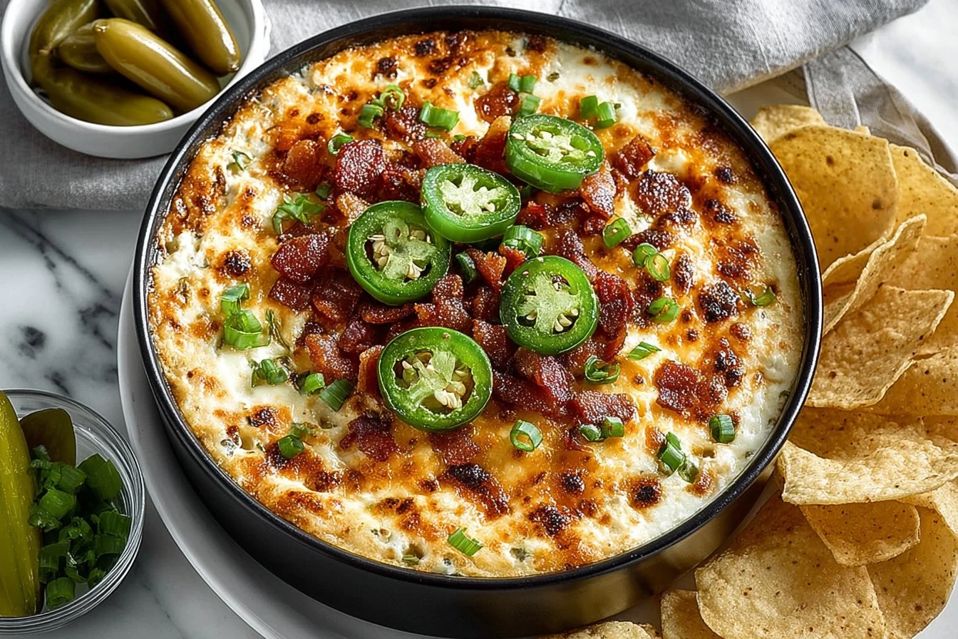 Healthy Jalapeno Popper Dip served in a bowl with chips on the side