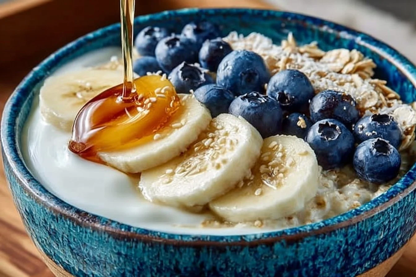 Bowl of healthy overnight oats topped with fruits and nuts