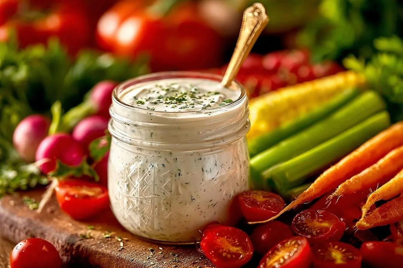 Bowl of homemade buttermilk ranch dressing with herbs and spices