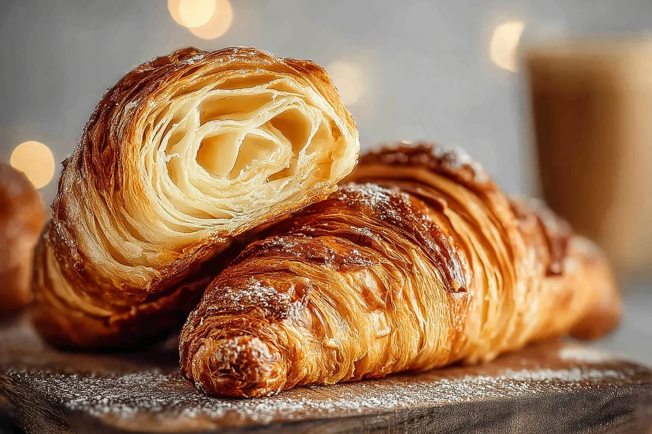 Freshly baked homemade croissants on a cooling rack