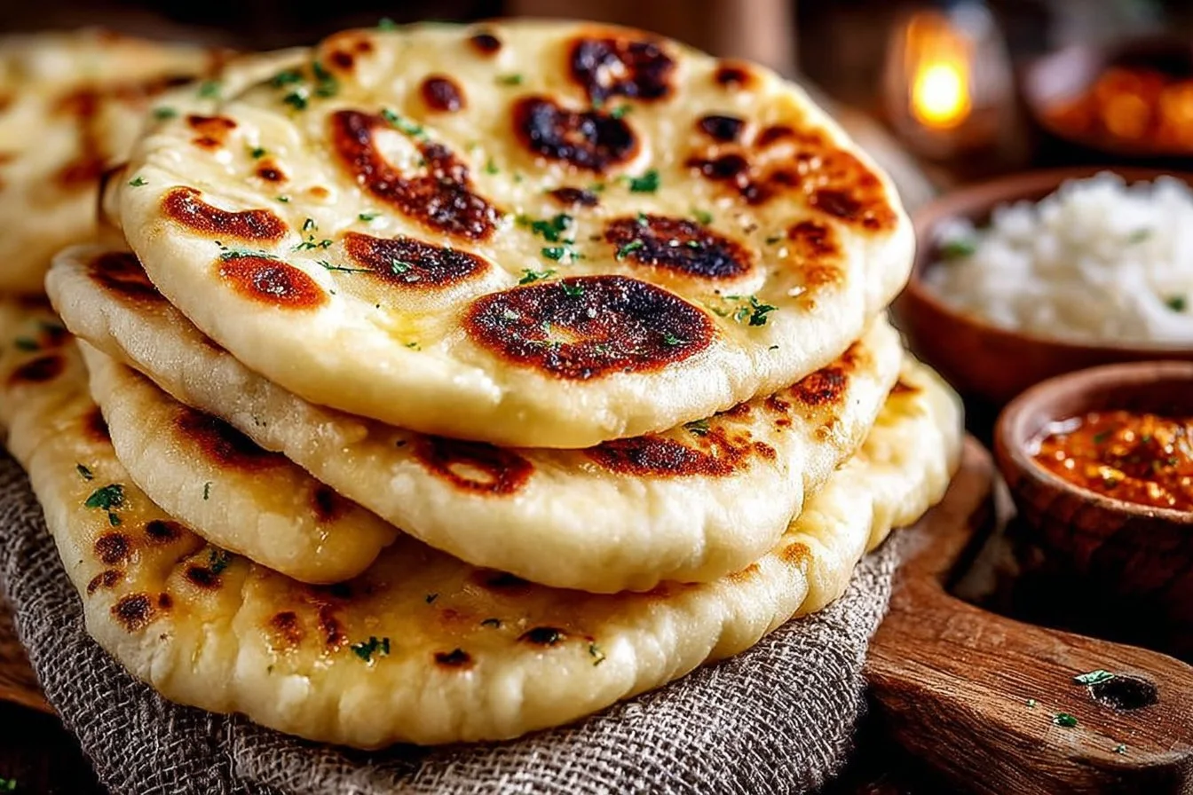 Freshly baked homemade naan bread served warm