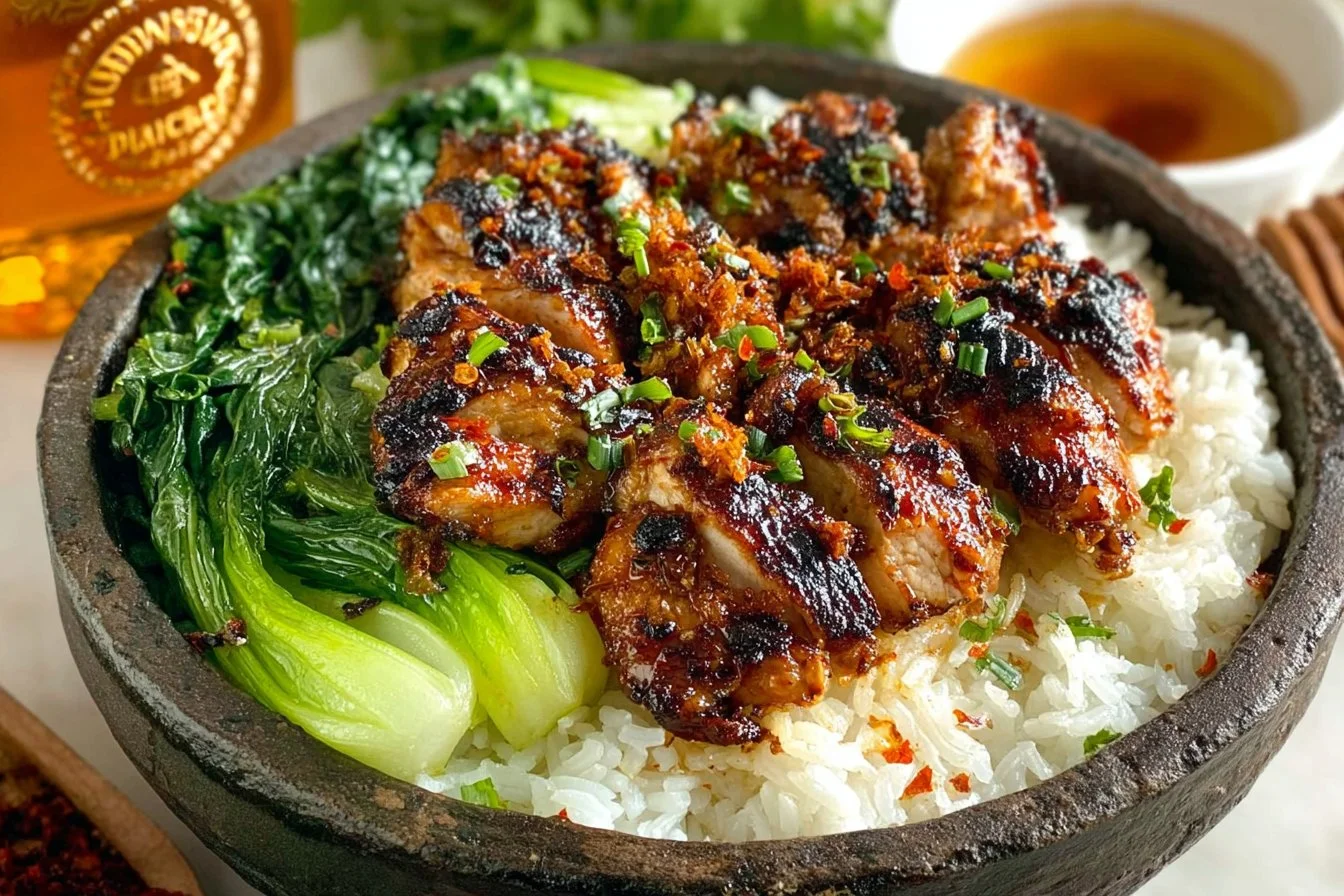 Honey Garlic Air Fryer Chicken served on a plate with garnish
