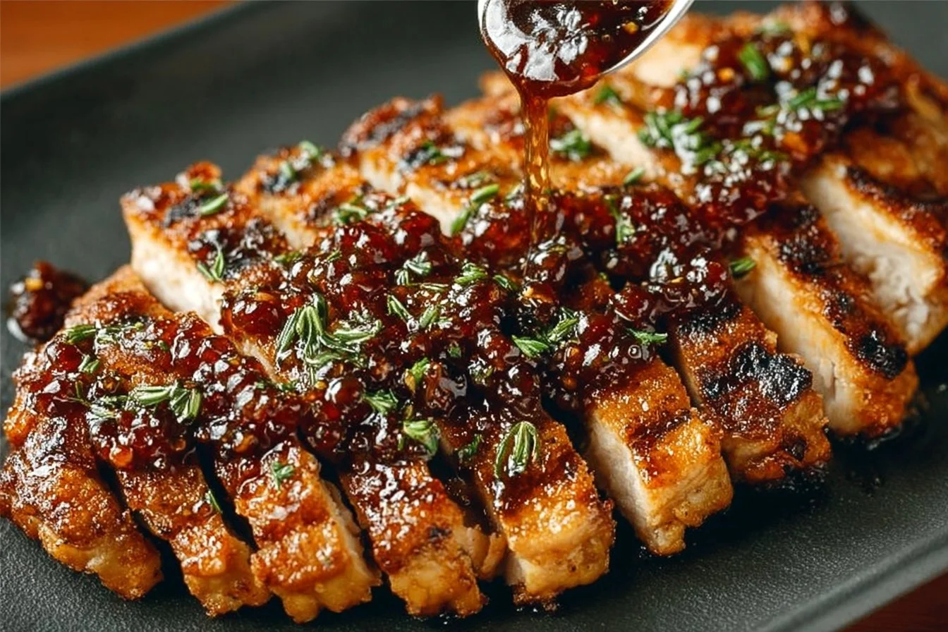Plate of crispy Hot Honey Chicken drizzled with spicy honey sauce