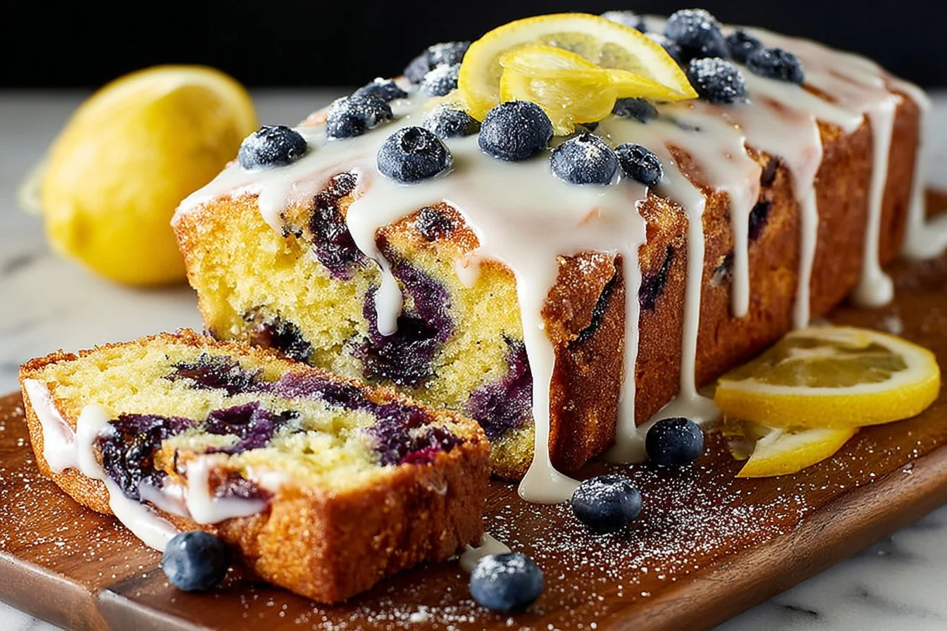 Homemade Lemon Blueberry Bread topped with blueberries and lemon slices