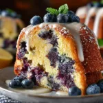Lemon Blueberry Bundt Cake topped with glaze and fresh blueberries