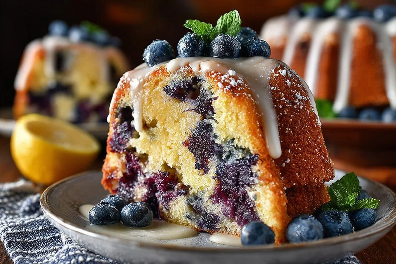 Lemon Blueberry Bundt Cake topped with glaze and fresh blueberries