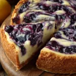 Lemon Blueberry Cheesecake topped with fresh blueberries and lemon zest