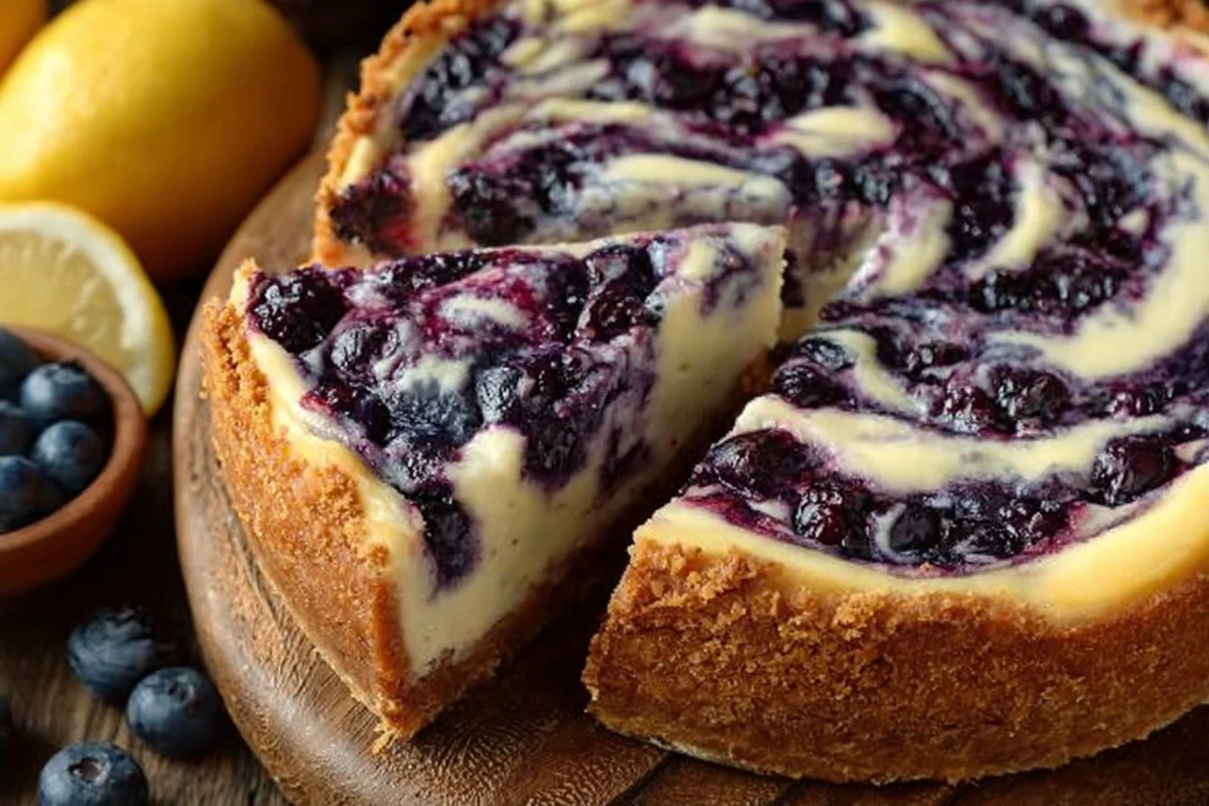 Lemon Blueberry Cheesecake topped with fresh blueberries and lemon zest