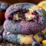 Lemon blueberry cheesecake cookies on a plate topped with blueberries