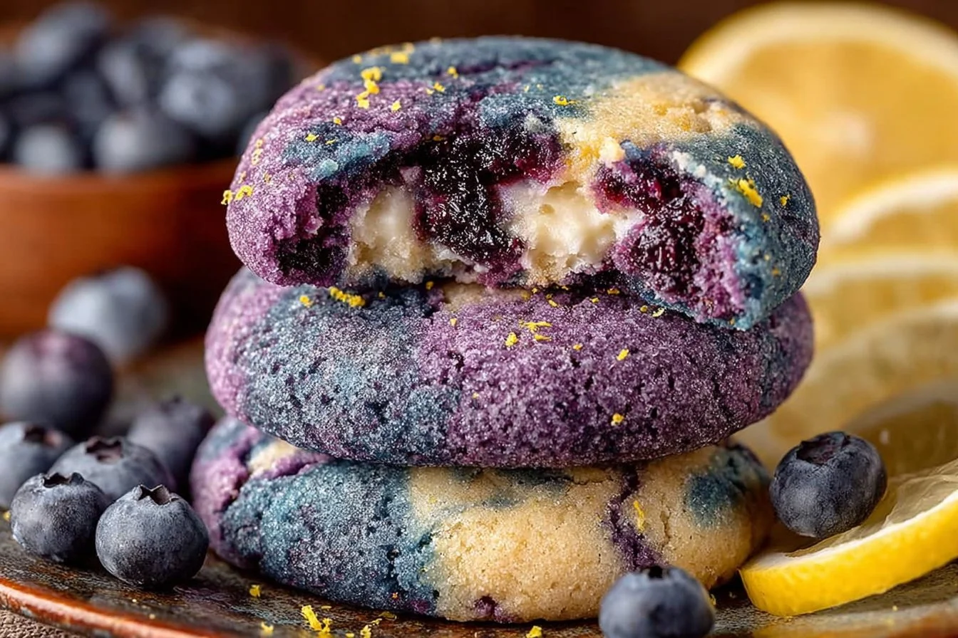 Lemon blueberry cheesecake cookies on a plate topped with blueberries
