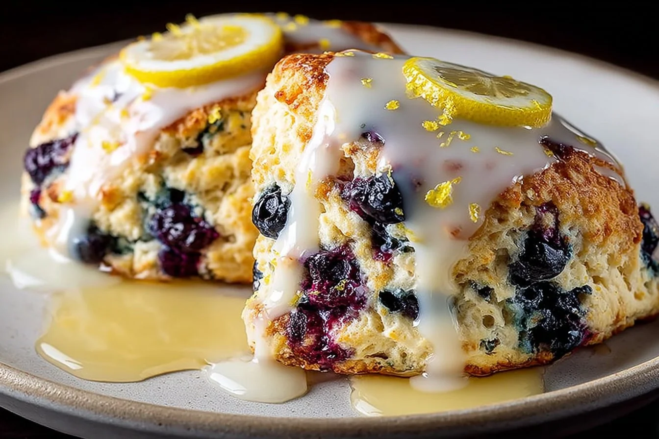 Freshly baked lemon blueberry scones on a plate with berries and lemon zest