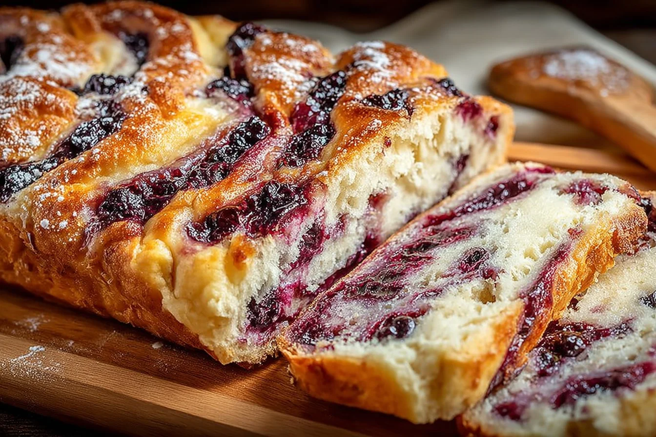 Lemon blueberry sourdough focaccia bread on a wooden table