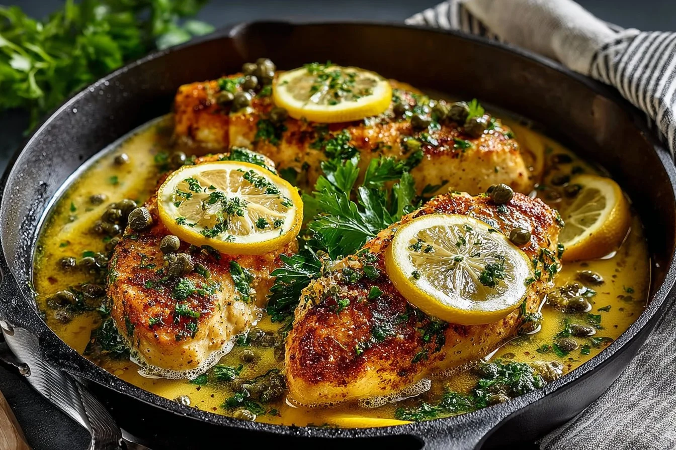 Plate of Lemon Caper Chicken garnished with fresh herbs