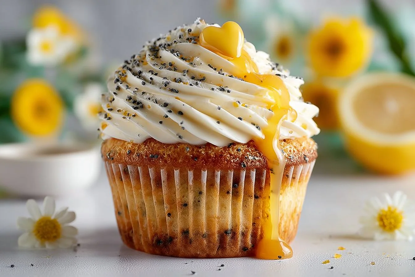 Delicious lemon poppy seed cupcakes topped with lemon frosting.