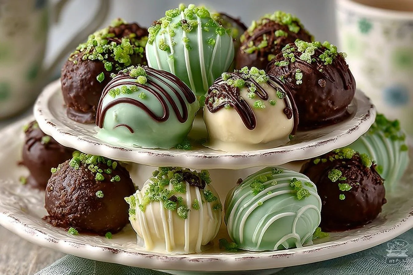 Plate of delicious Mint Oreo Balls covered in chocolate