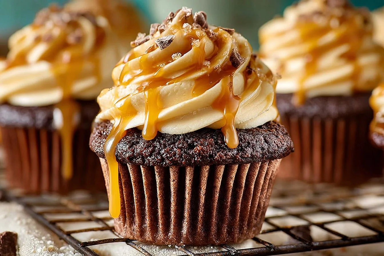 Mocha cupcakes topped with salted caramel buttercream frosting