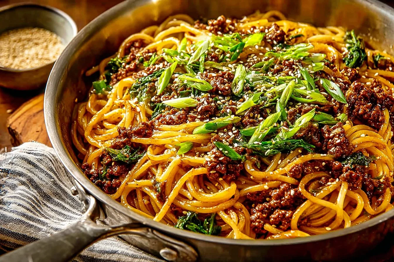 Bowl of Mongolian Ground Beef Noodles topped with green onions and sesame seeds