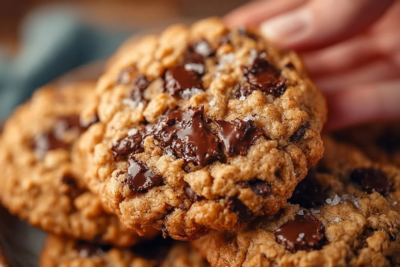 Delicious homemade oatmeal chocolate chip cookies on a baking tray