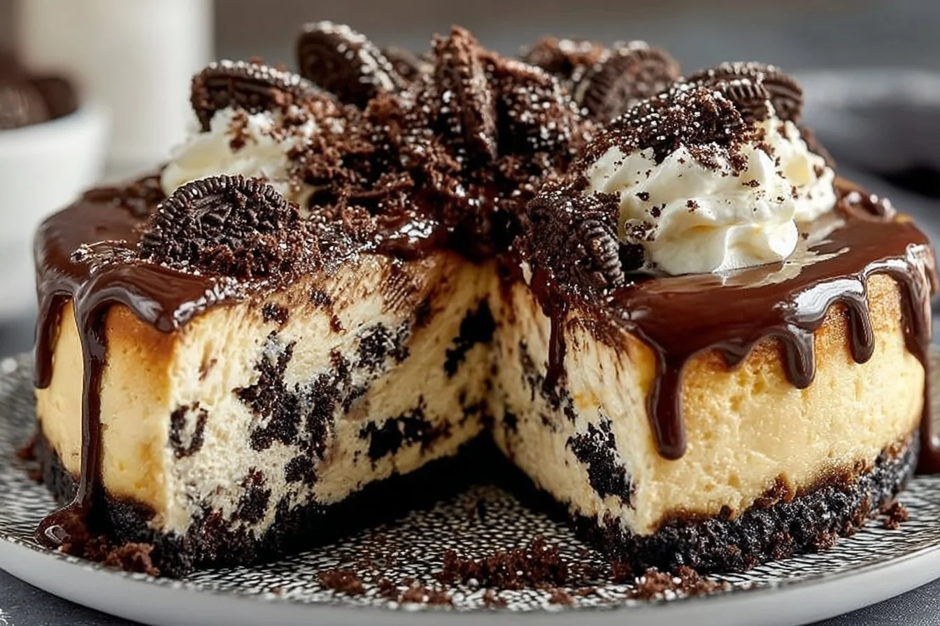 Delicious slice of Oreo Cheesecake with chocolate crust and cookie topping