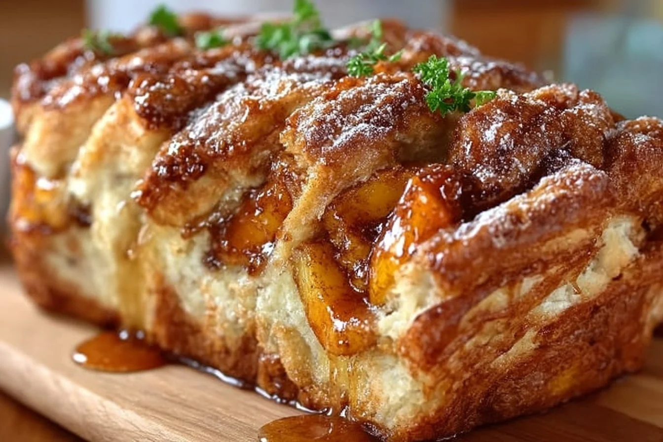 Delicious Peach Pull-Apart Bread topped with caramel sauce on a wooden table.