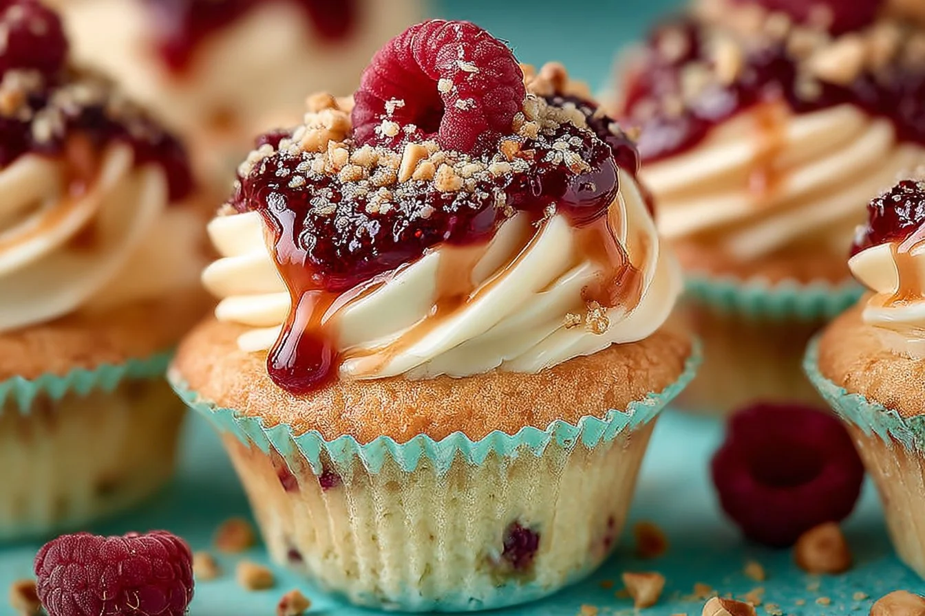 Peanut Butter and Jelly Cupcakes topped with creamy frosting and fruity jam