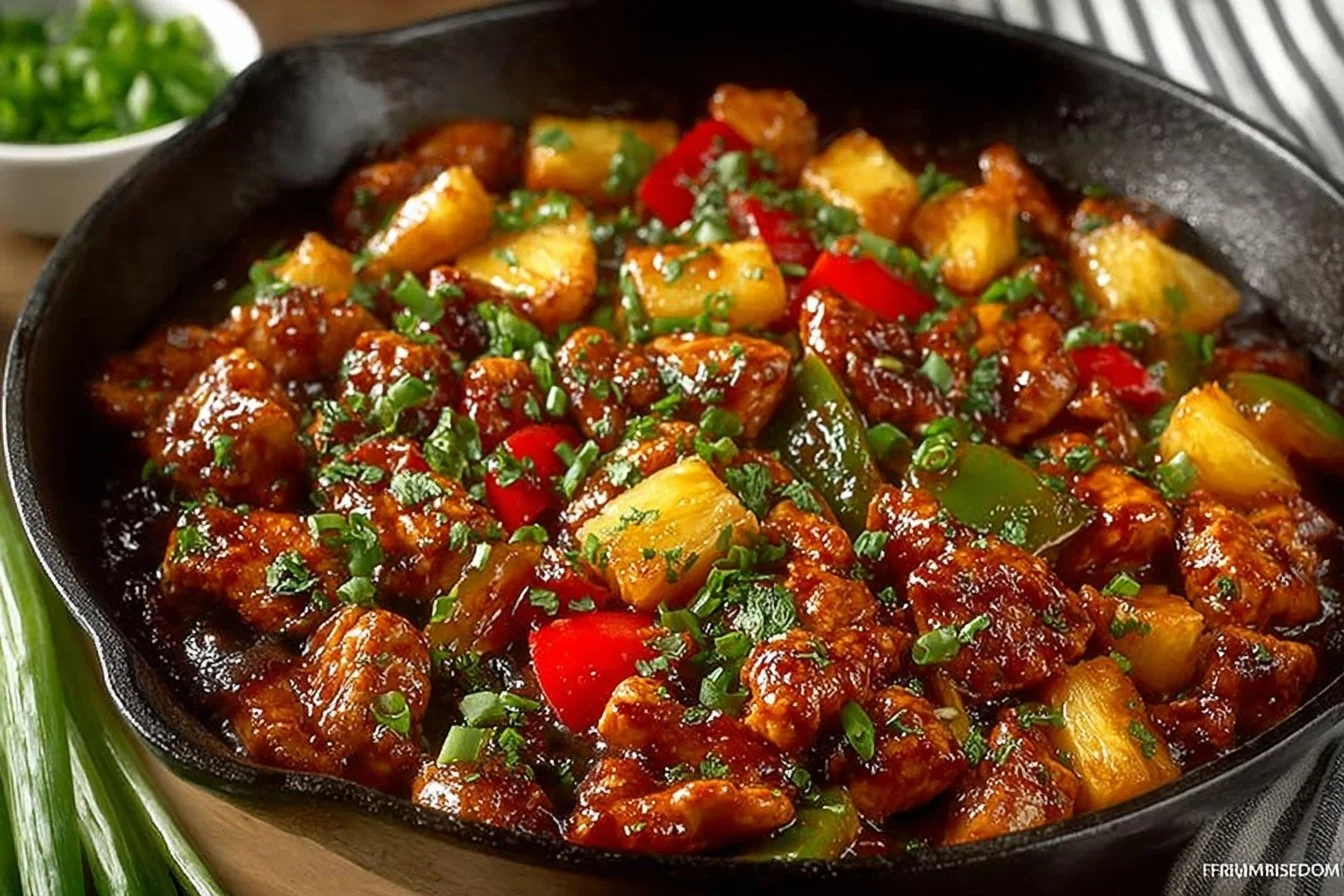 Plate of homemade Pineapple Chicken with vegetables, garnished.