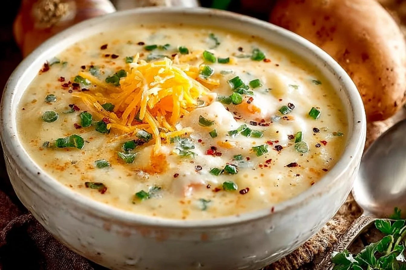 Delicious easy potato soup served in a bowl with fresh herbs on top.