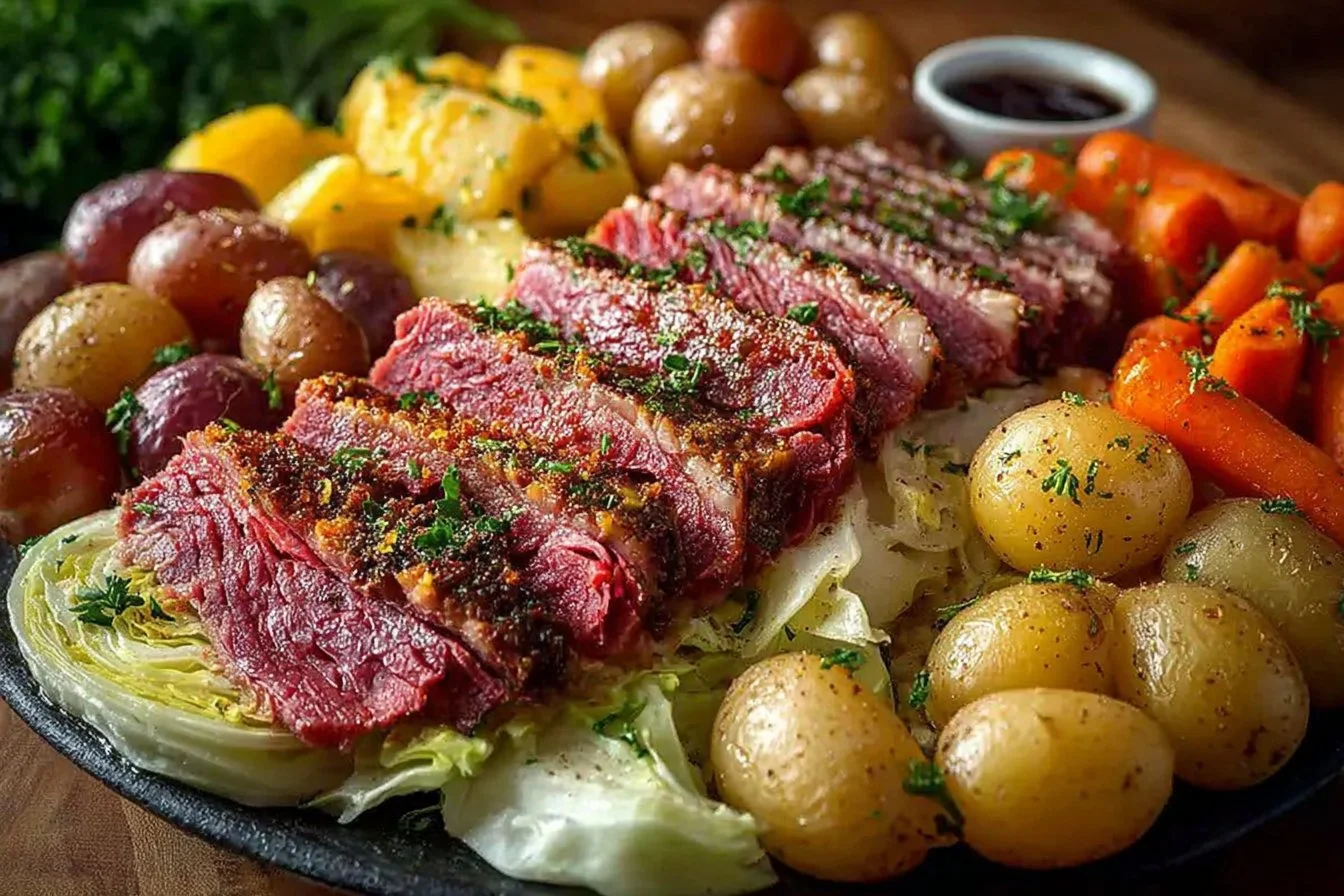 Delicious pressure cooker corned beef and cabbage served on a plate