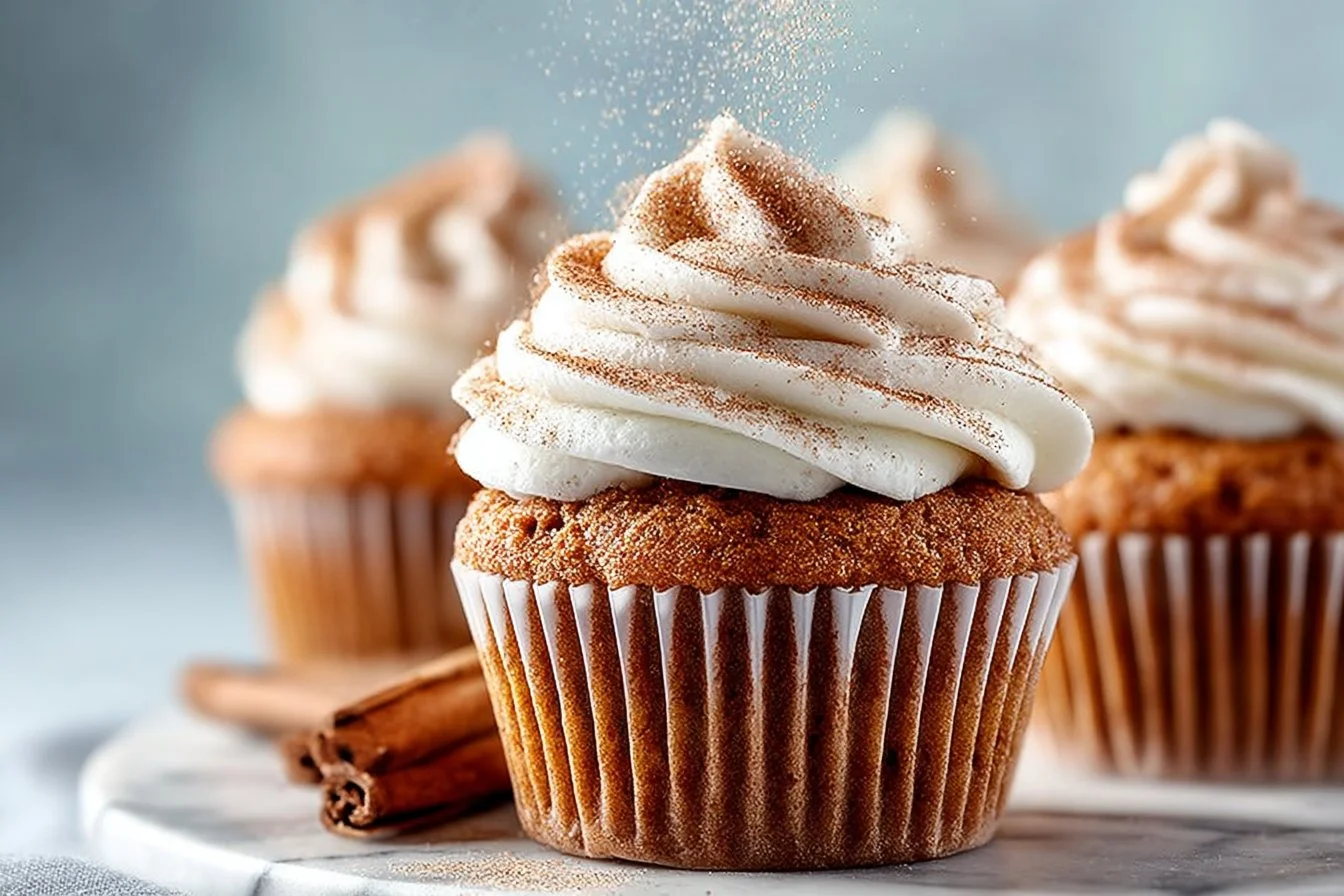 Delicious pumpkin cupcakes with cream cheese frosting on a decorative plate