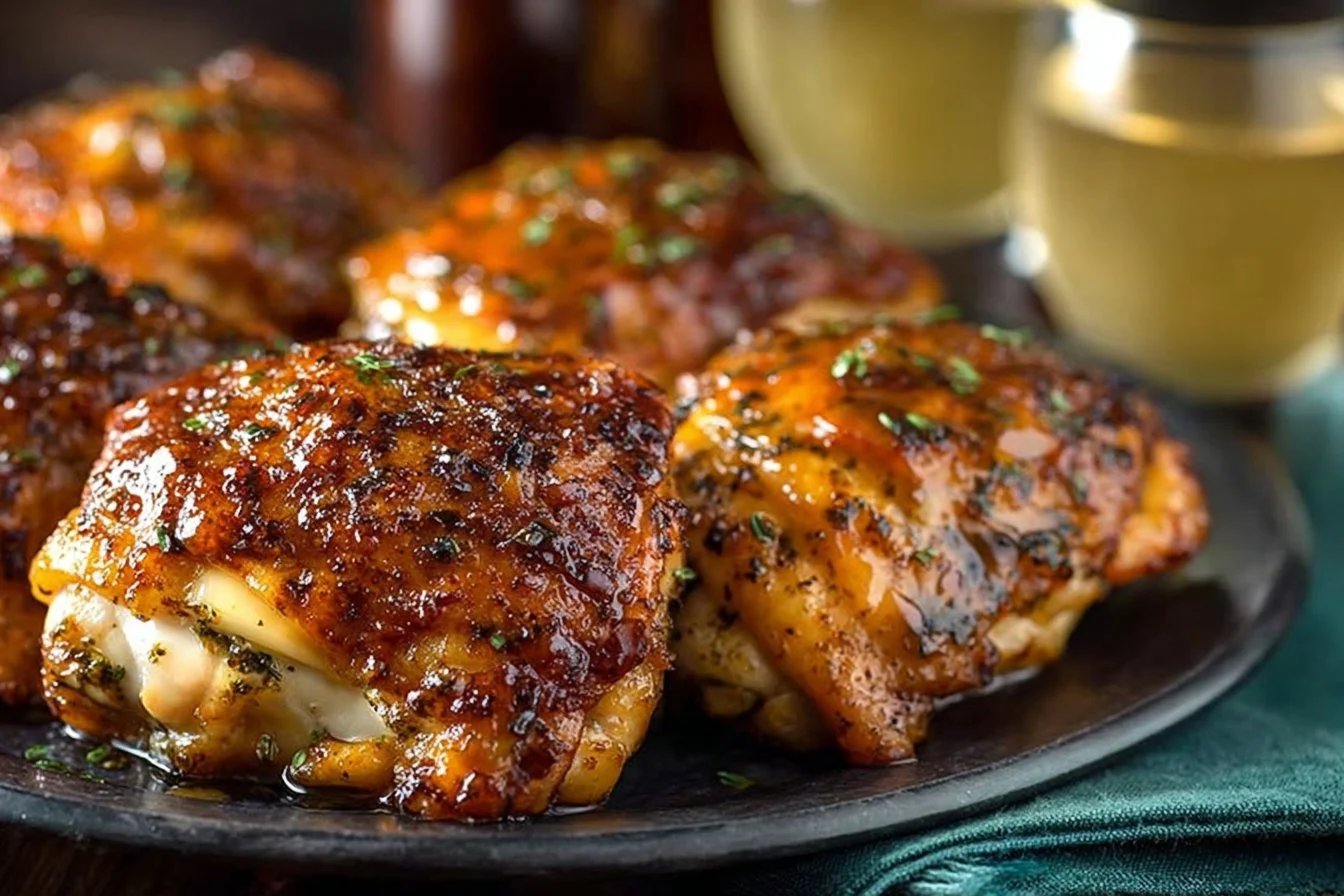 Roasted chicken thighs with apple cider glaze on a dinner plate