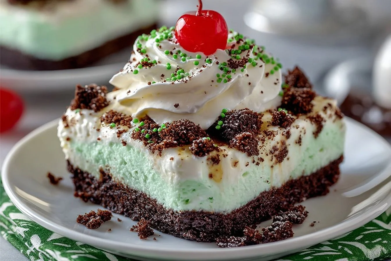 Layered Shamrock Shake Lasagna with green mint frosting and chocolate drizzle