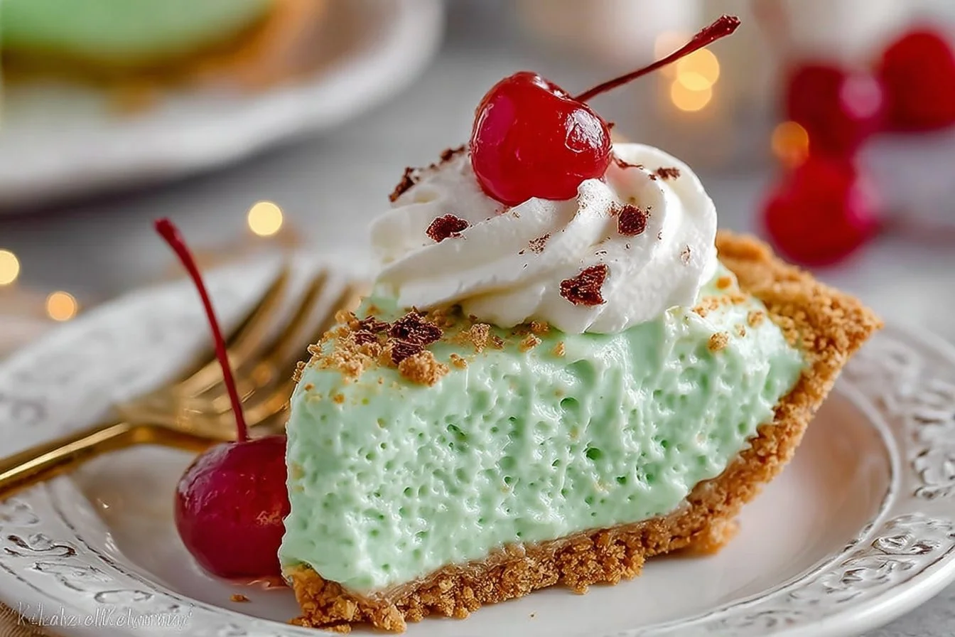 Delicious Shamrock Shake Pie with green whipped cream and mint garnish