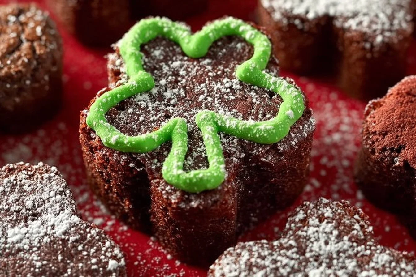 Shamrock shaped brownies decorated for St. Patrick's Day