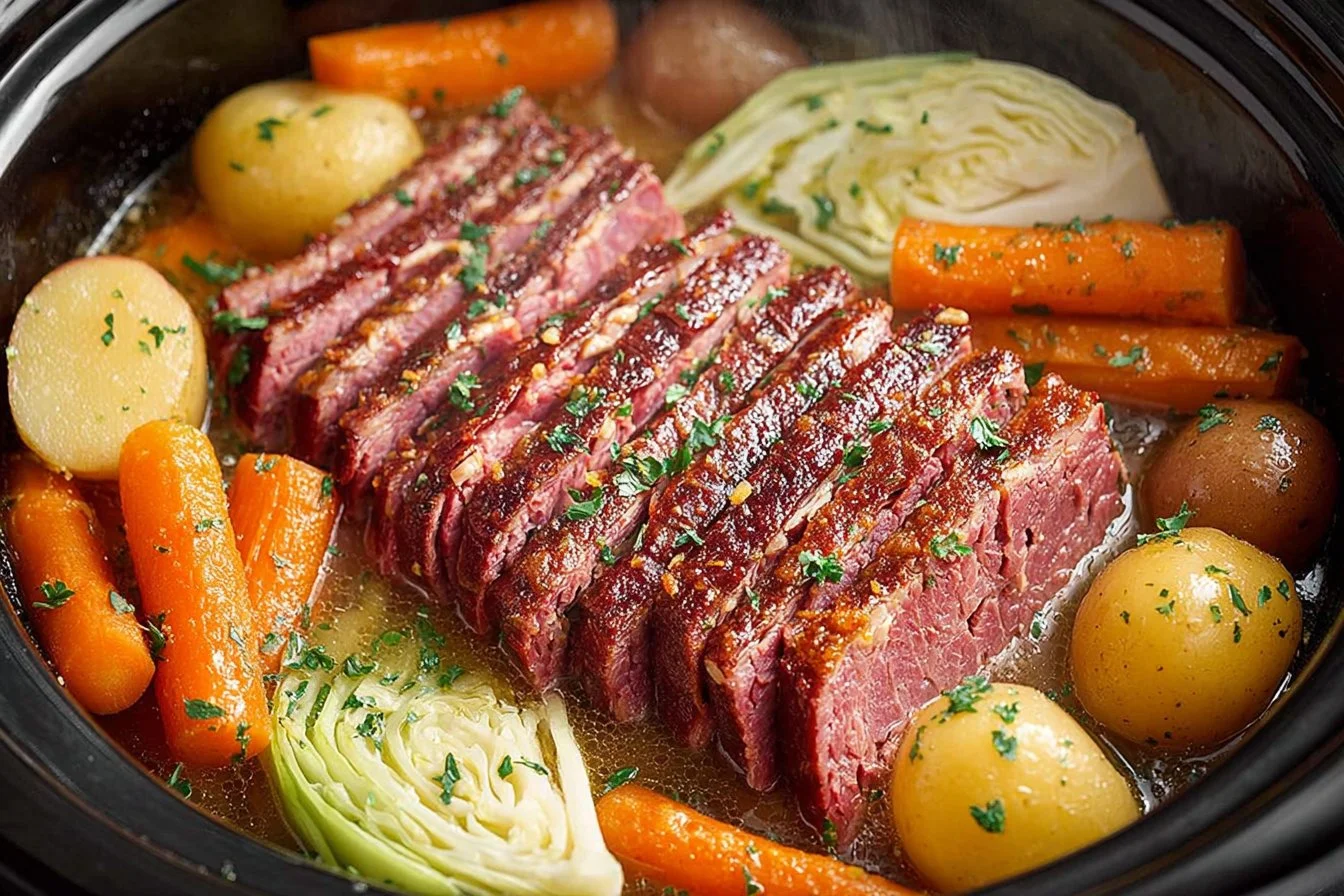 Slow Cooker Corned Beef and Cabbage dish served on a plate