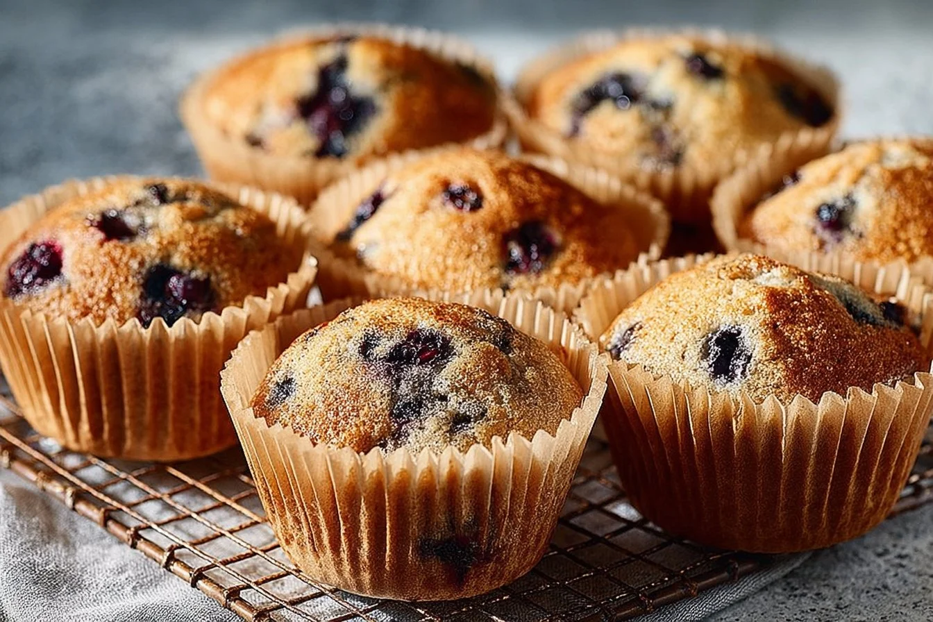 Freshly baked sourdough blueberry muffins on a rustic wooden table
