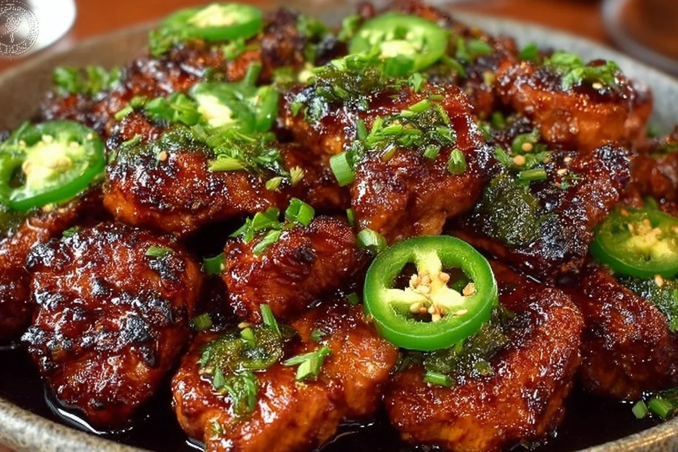 Plate of spicy jalapeno chicken with fresh herbs and vegetables