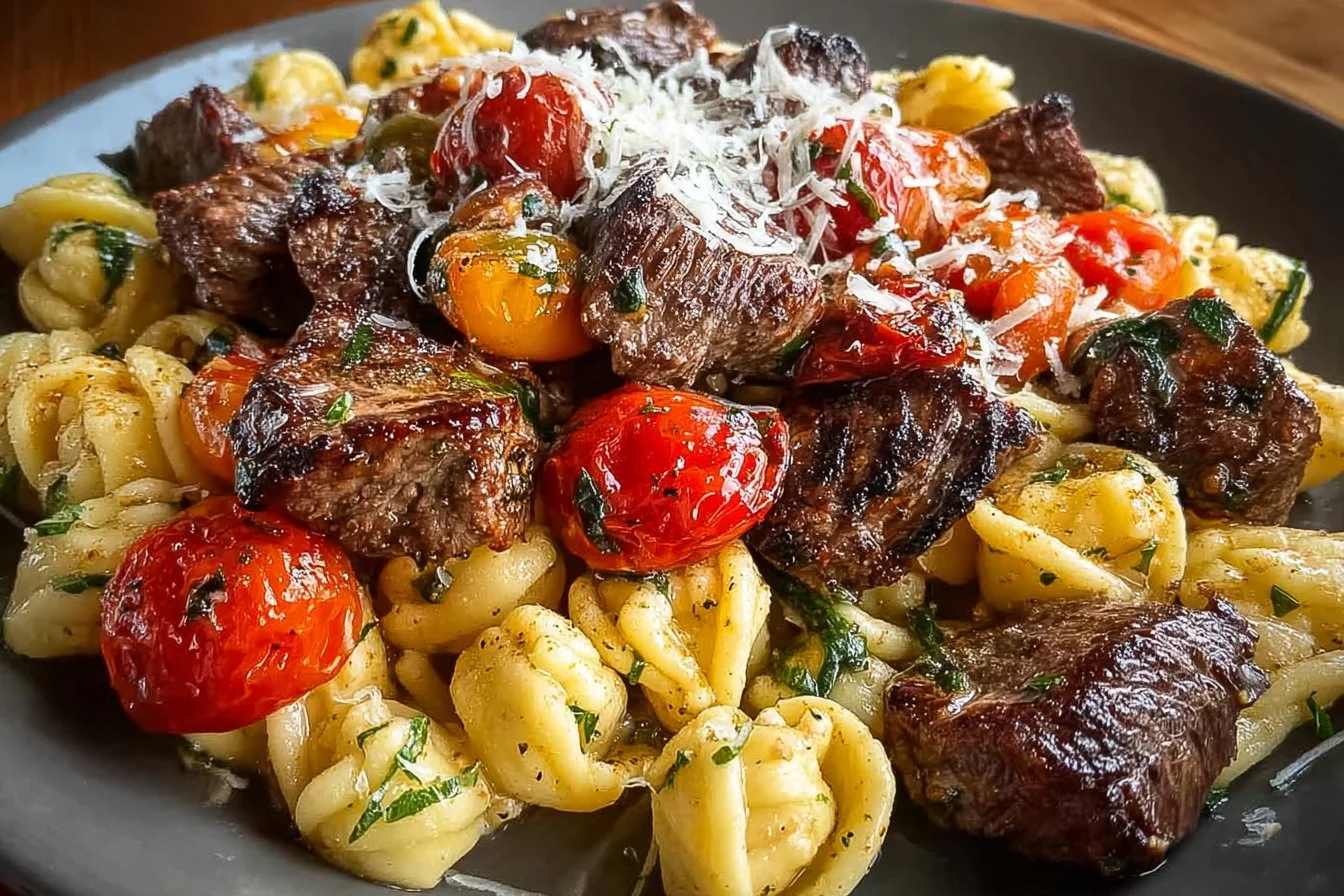 Delicious steak and veggie tortellini dish garnished with herbs.
