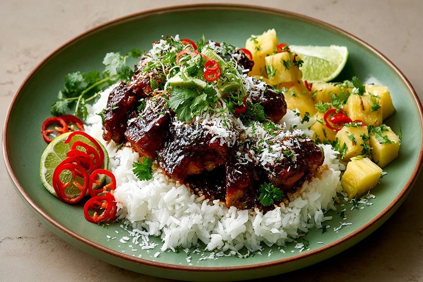 Delicious Sticky Pineapple Chicken served with fluffy coconut rice on a plate.