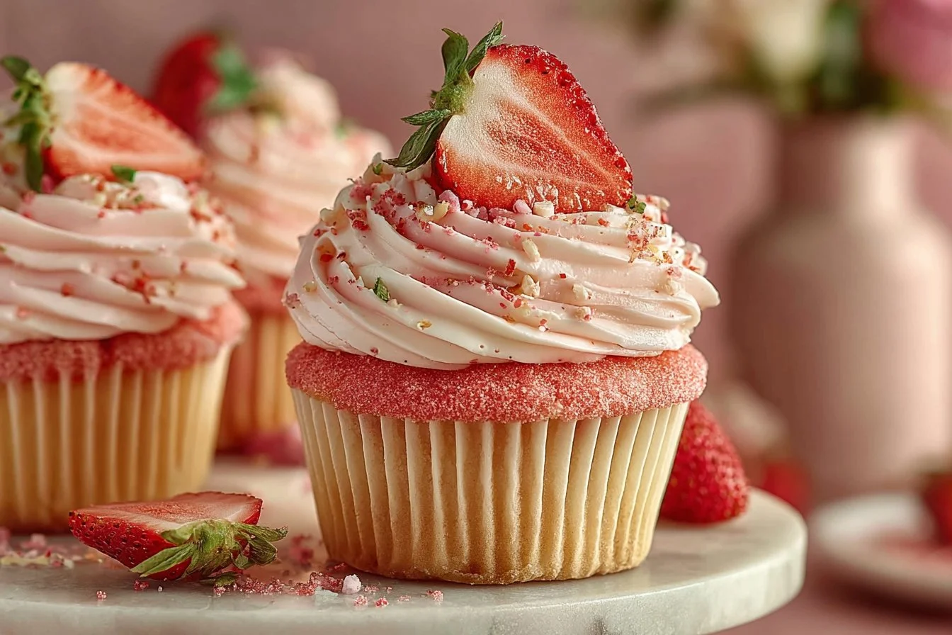 Delicious Strawberry Crunch Cupcakes topped with a crunchy strawberry layer