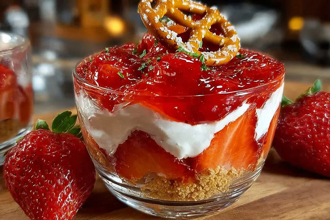 Strawberry Pretzel Salad with fresh strawberries and pretzel crust.