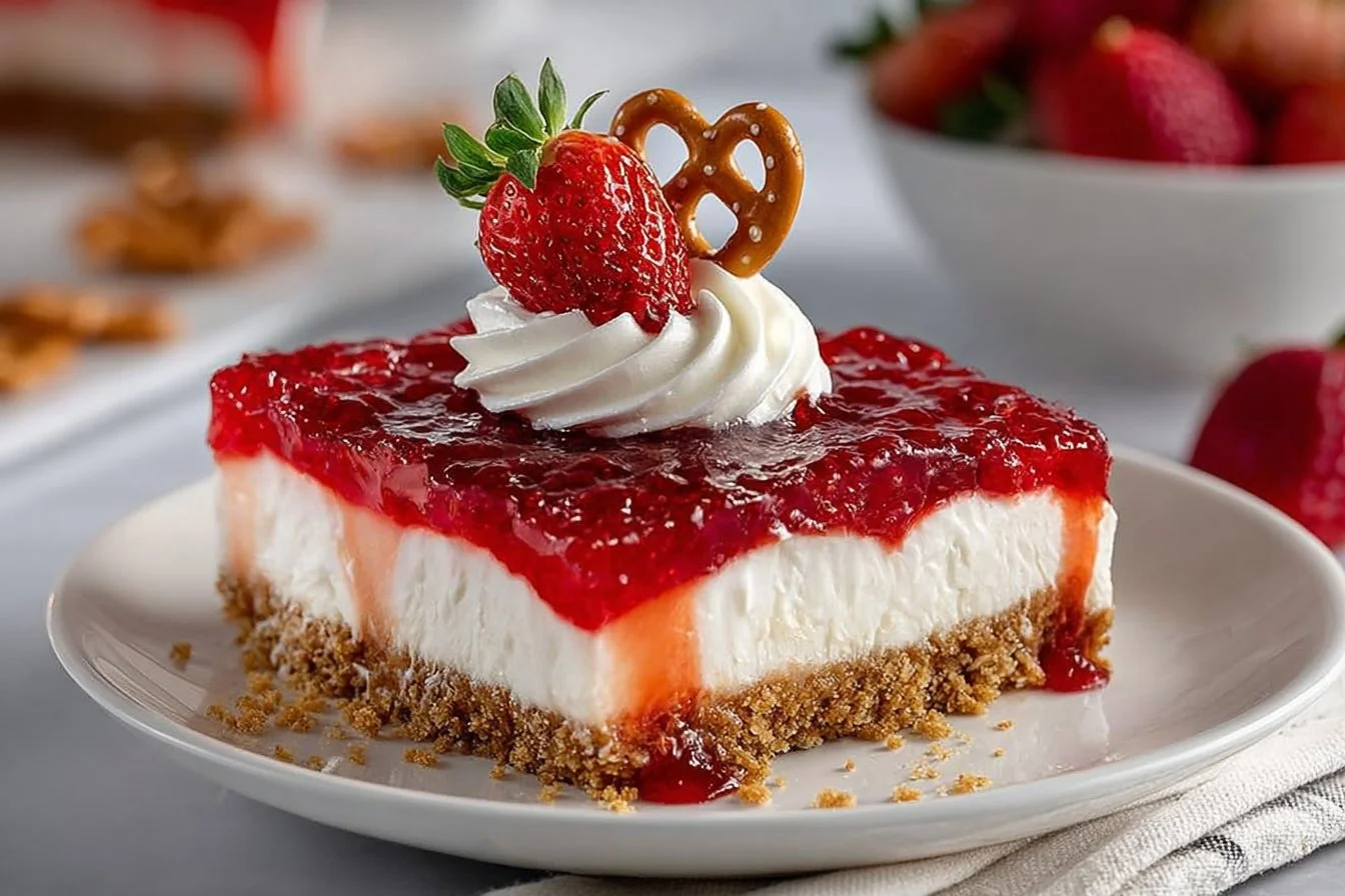 Delicious Strawberry Pretzel Salad served in a bowl with fresh strawberries and pretzels
