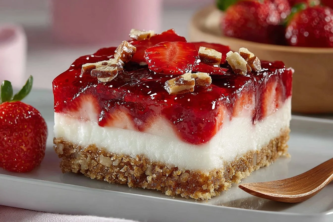 Strawberry Pretzel Salad with whipped cream and fresh strawberries on a dessert plate