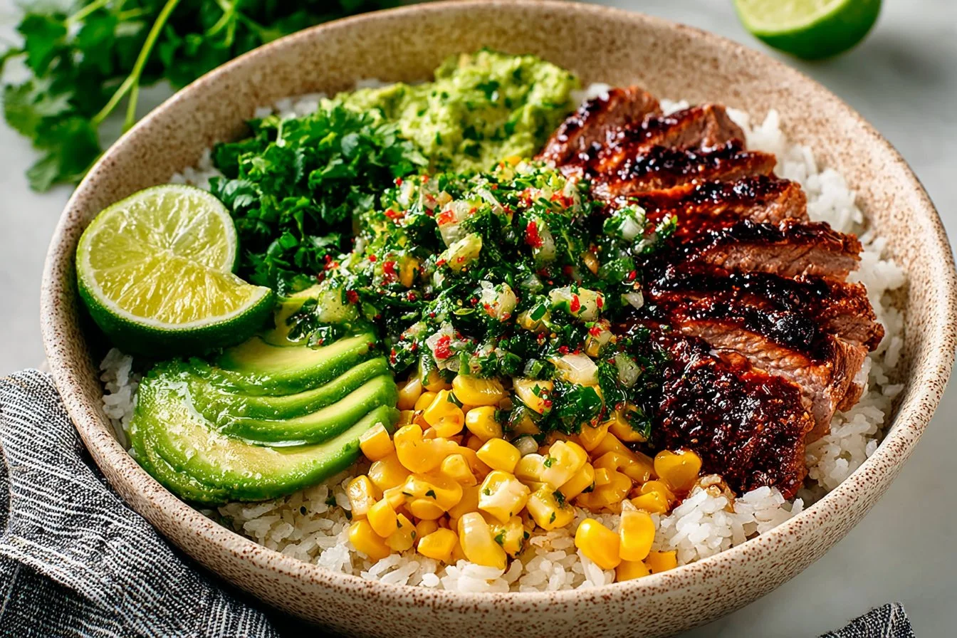 Delicious Street Corn Chicken Rice Bowl with grilled chicken and toppings