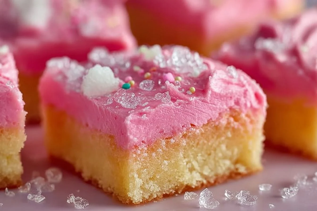 Delicious sugar cookie bars topped with frosting and sprinkles