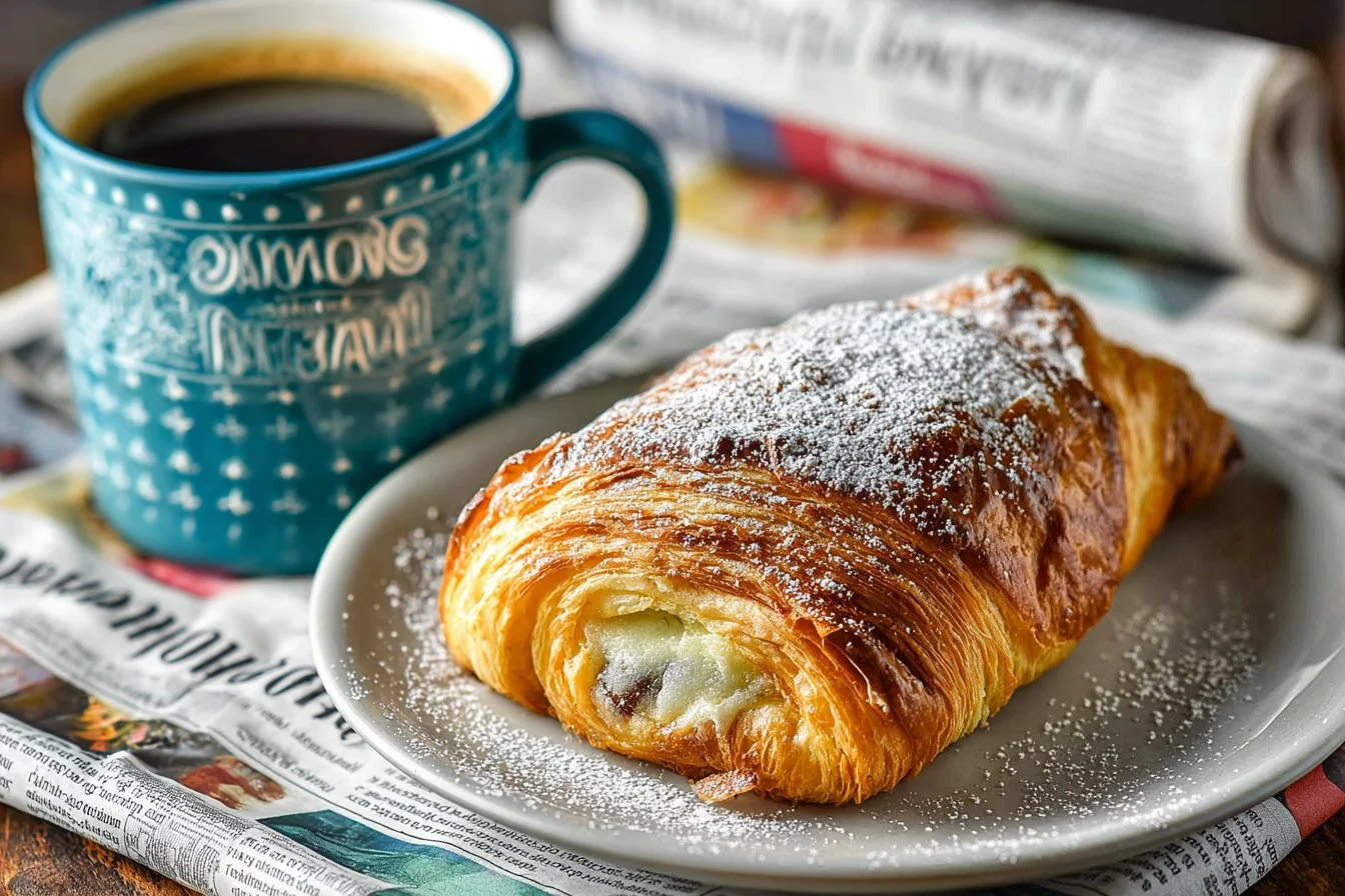 Freshly baked chocolate croissants on a wooden table
