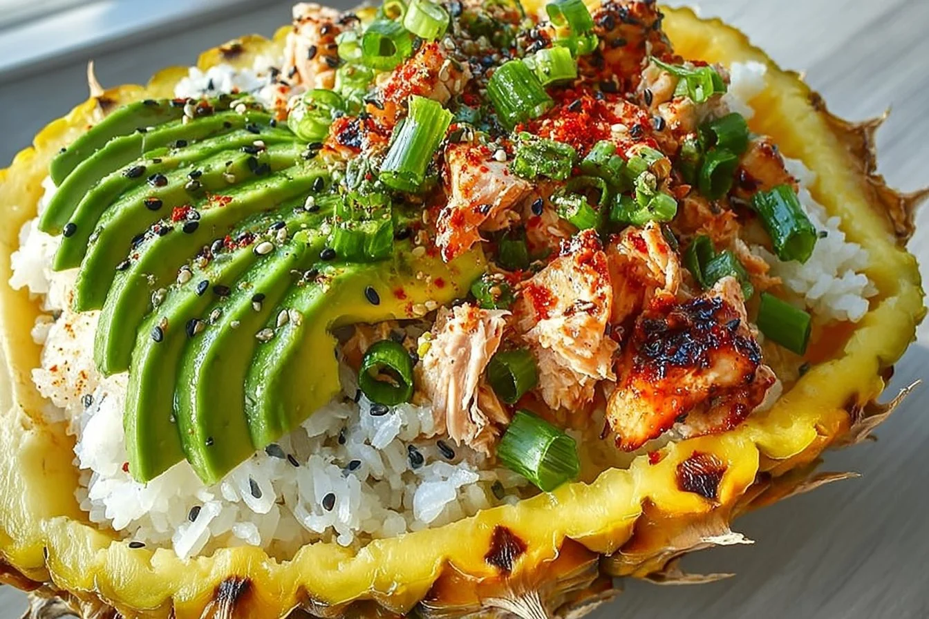 Teriyaki chicken served in pineapple bowls with colorful vegetables