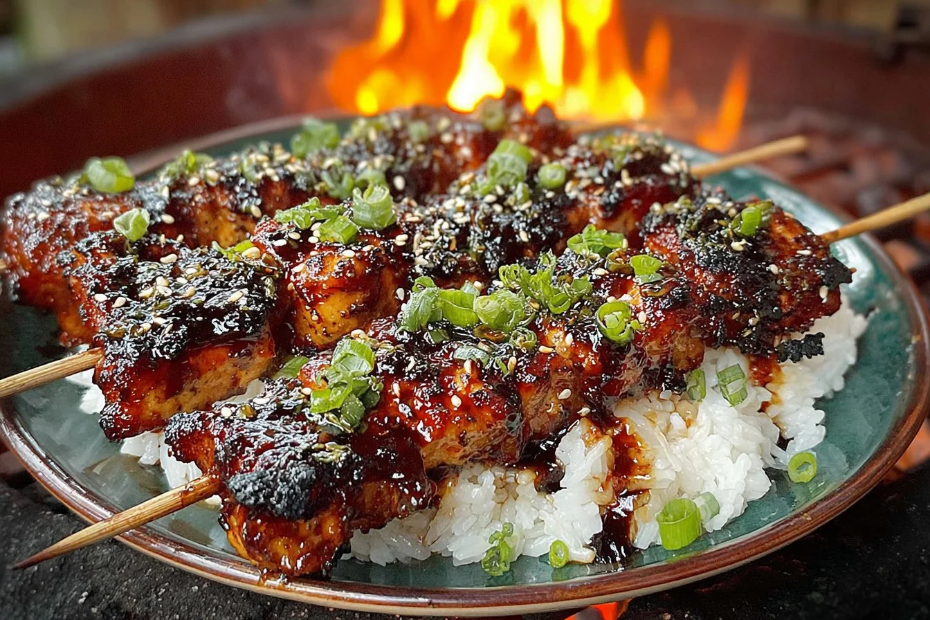 Grilled teriyaki chicken skewers garnished with vegetables