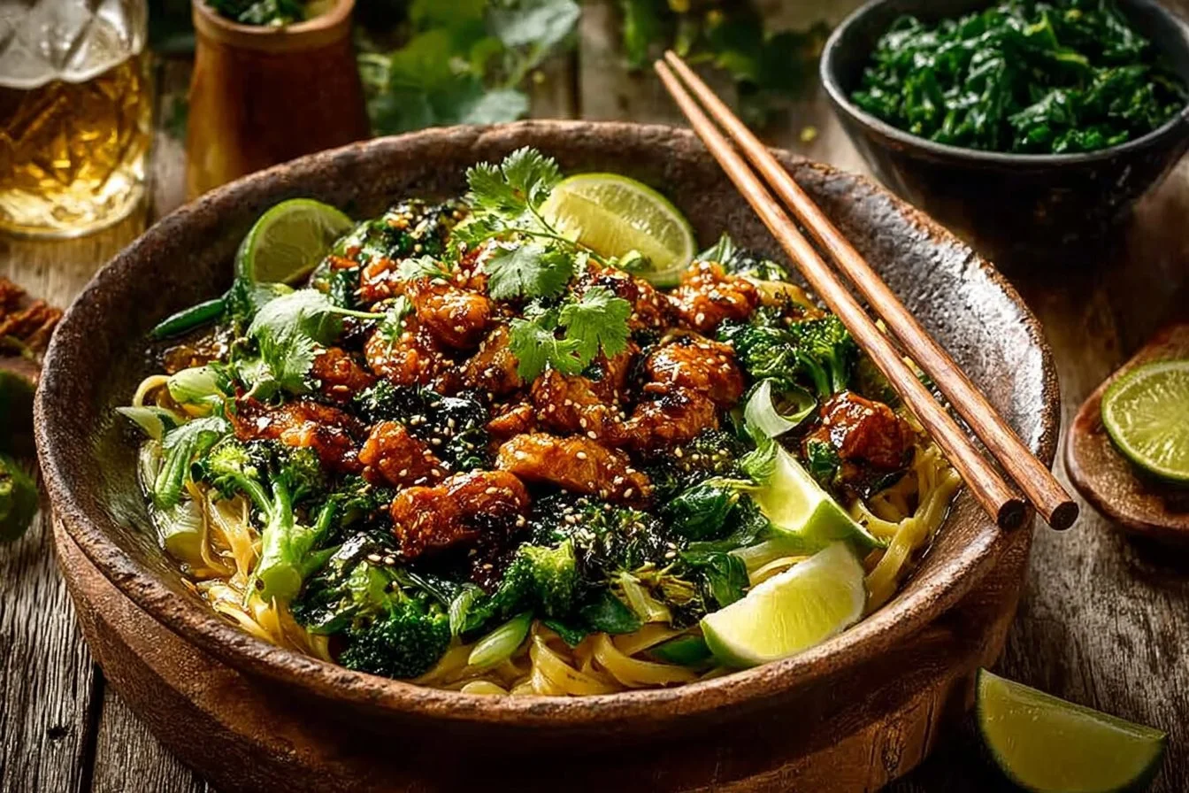 Delicious Thai Black Pepper Chicken served with flavorful garlic noodles