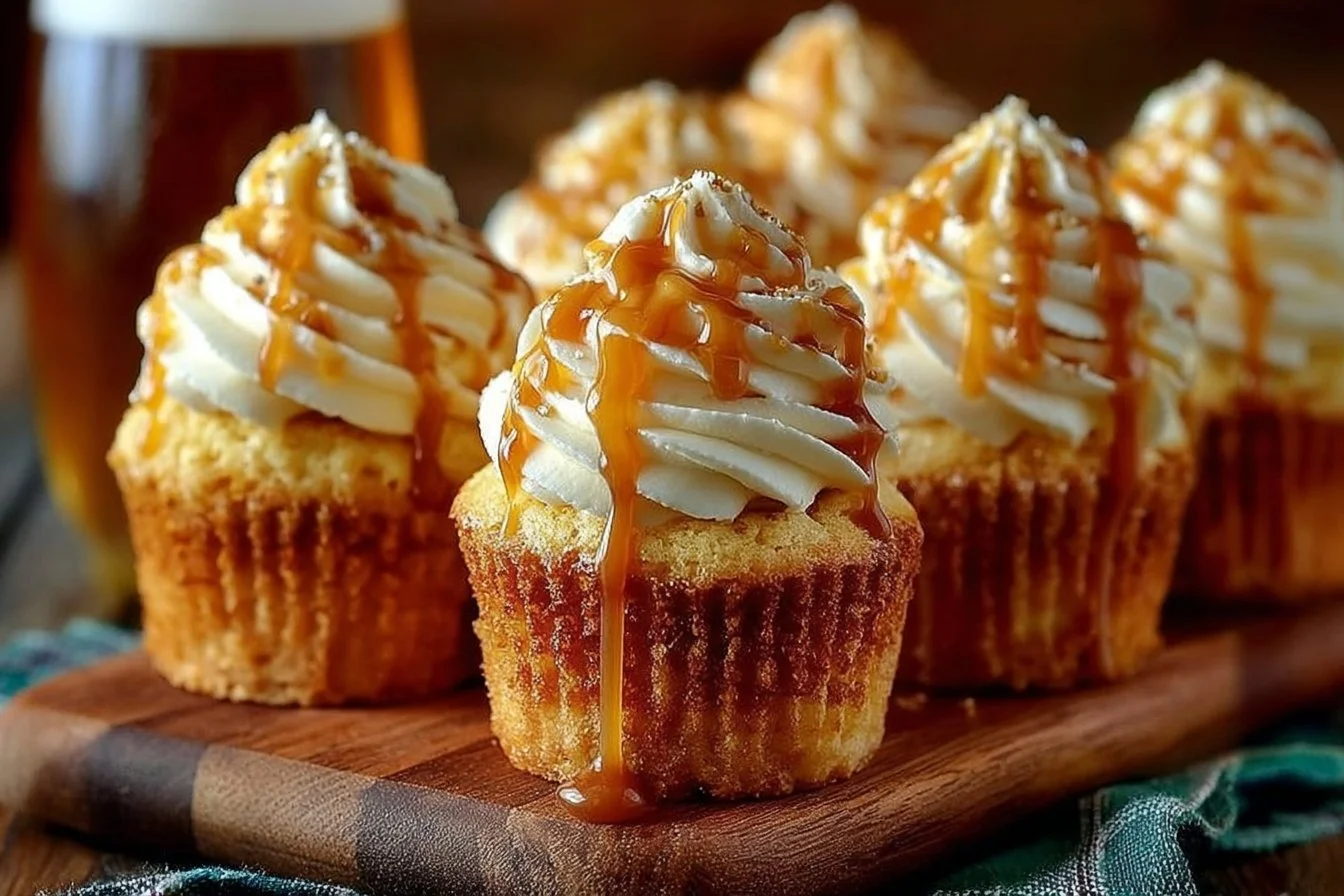 Delicious Butterbeer cupcakes topped with creamy frosting and butterscotch drizzle.